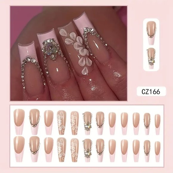 24 pcs Glossy Pink French Style Fake Nails with Flower Heart and 3D Rhinestone - Picture 2 of 9